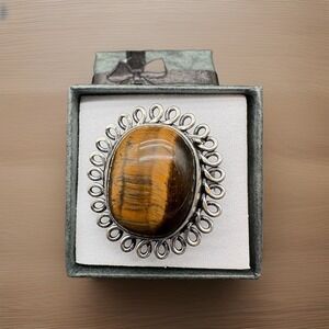Tiger's Eye Oval Silver Plated Filigree Statement Ring Size 8.5